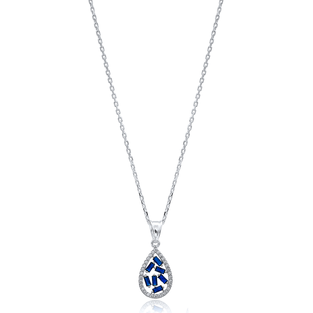 Drop Design Sapphire Baguette Zircon Handmade 925 Sterling Silver Wholesale Necklace