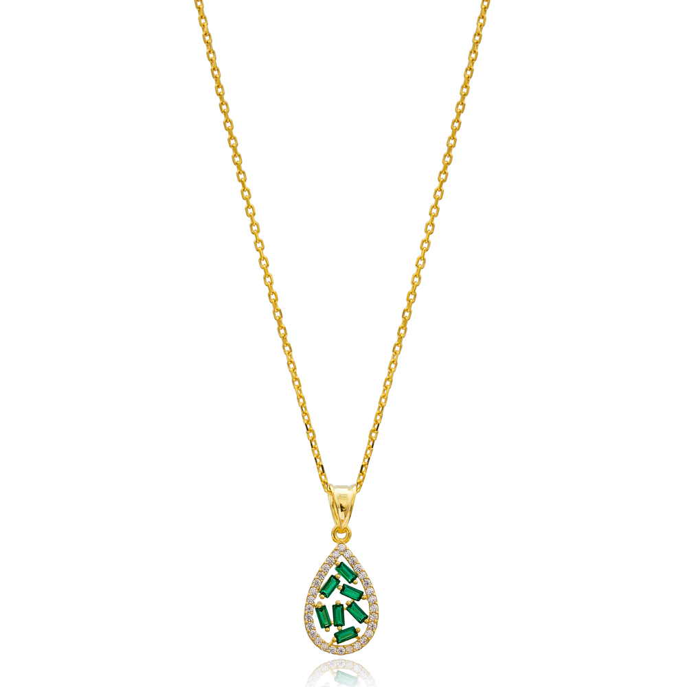 Drop Design Emerald Baguette Zircon Handmade 925 Sterling Silver Wholesale Necklace