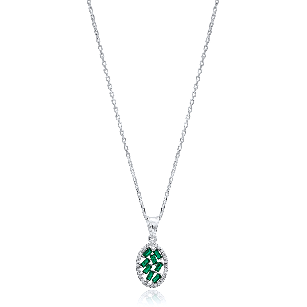 Oval Design Emerald Baguette Handcrafted 925 Sterling Silver Wholesale Necklace