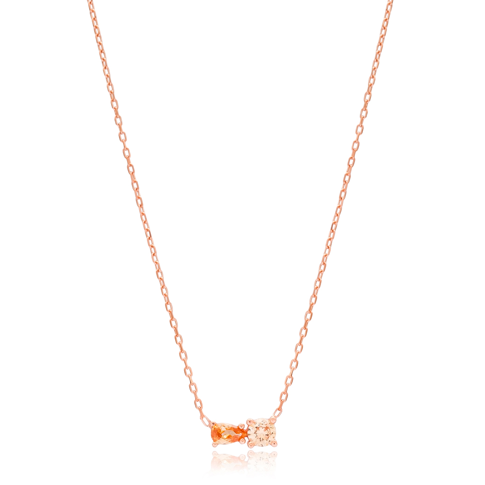 Double Orange Quartz Stone Charm Necklace 925 Sterling Turkish Handmade Wholesale Silver Jewelry