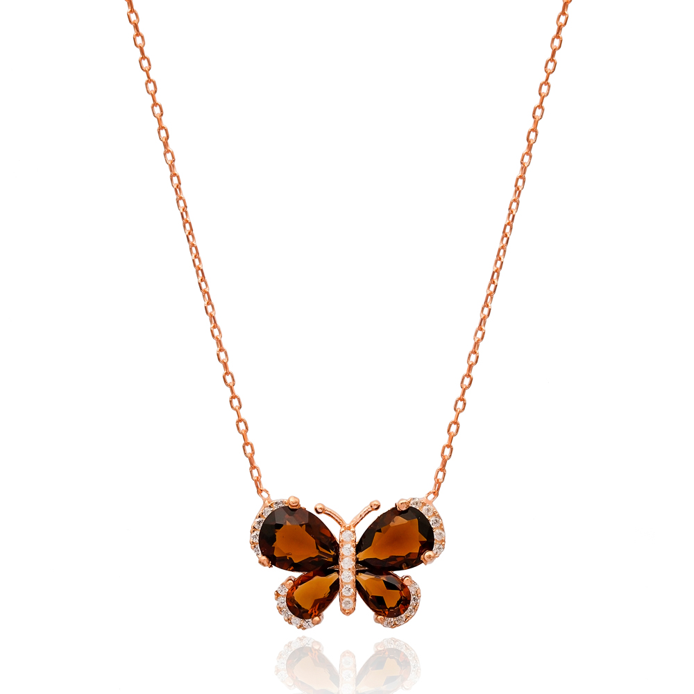 Brown Wing In Butterfly Necklace Turkish Wholesale 925 Sterling Silver Pendant