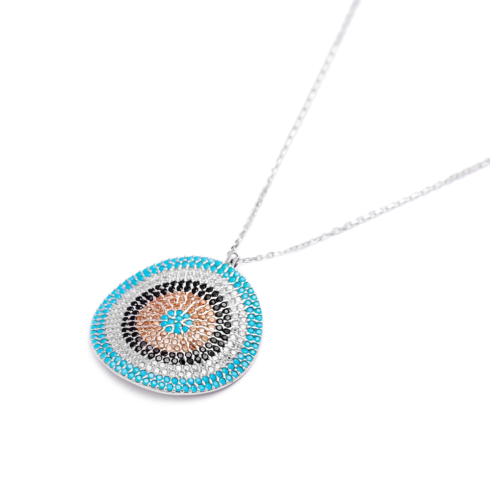 Evil Eye Round Bent Pendant Turkish Wholesale Sterling Silver Jewelry