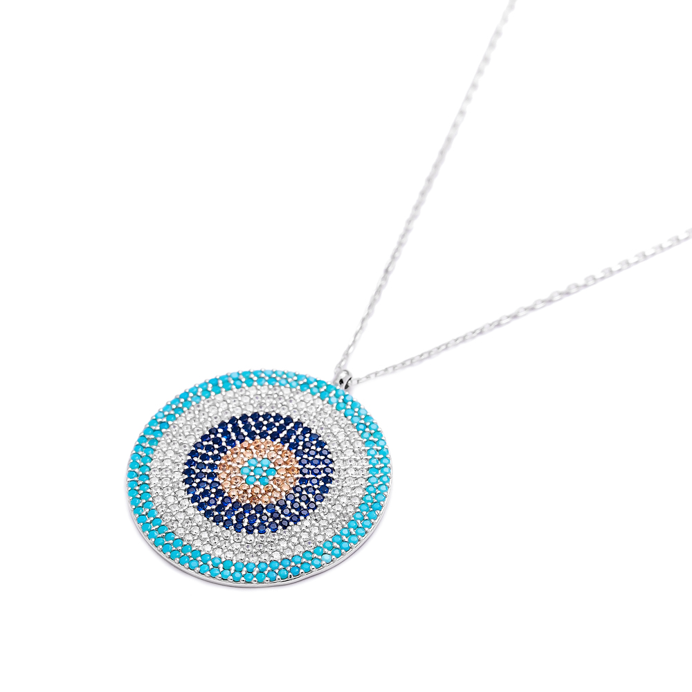 Evil Eye Round Bent Pendant Turkish Wholesale Sterling Silver Jewelry