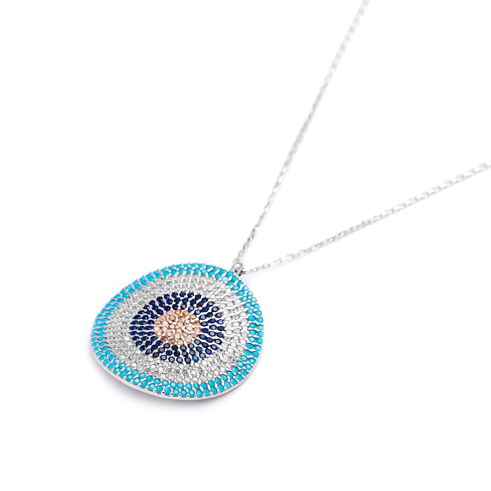 Evil Eye Round Bent Pendant Turkish Wholesale Sterling Silver Jewelry