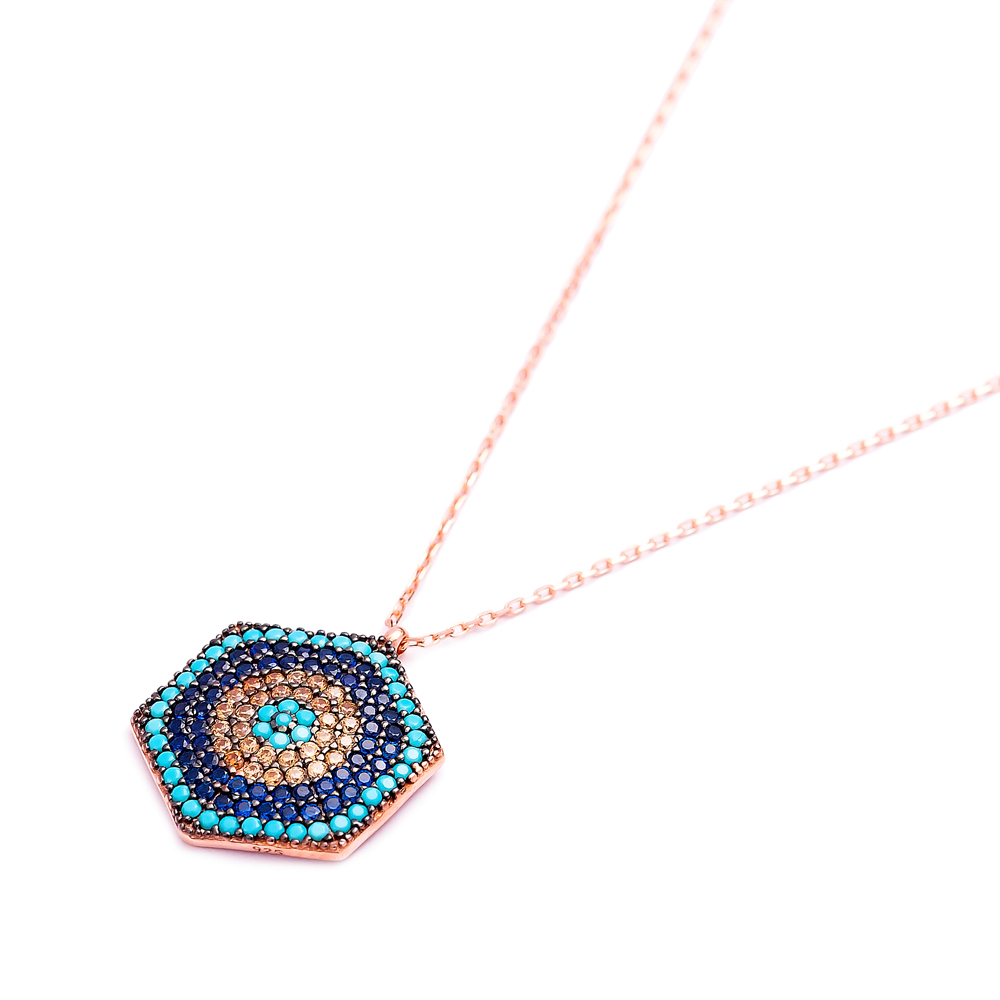 Evil Eye Hexagon Pendant Turkish Wholesale Sterling Silver Jewelry