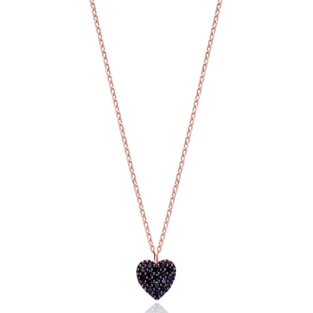 Minimal Heart Design Black Zircon Pendant In Turkish Wholesale 925 Sterling Silver Jewelry