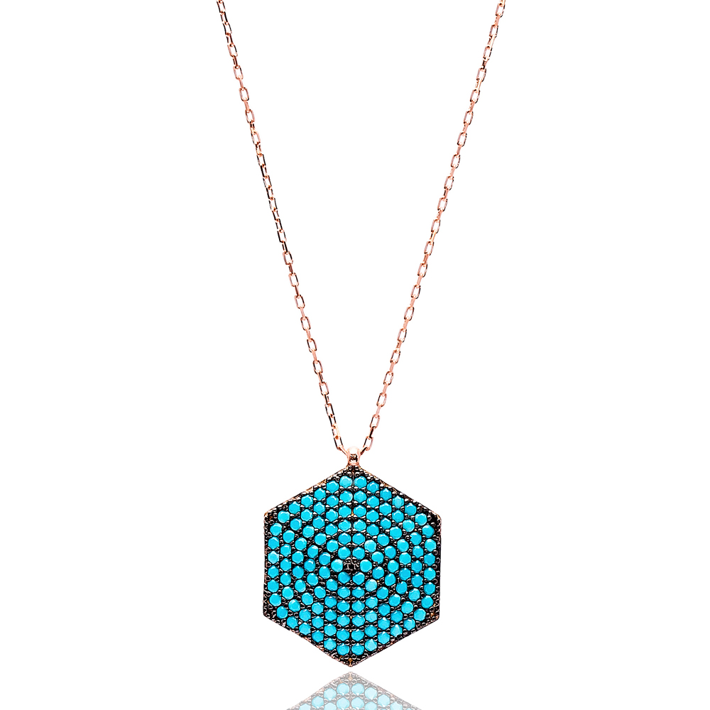 Nano Turquoise Hexagon Shape Turkish Wholesale Silver Pendant