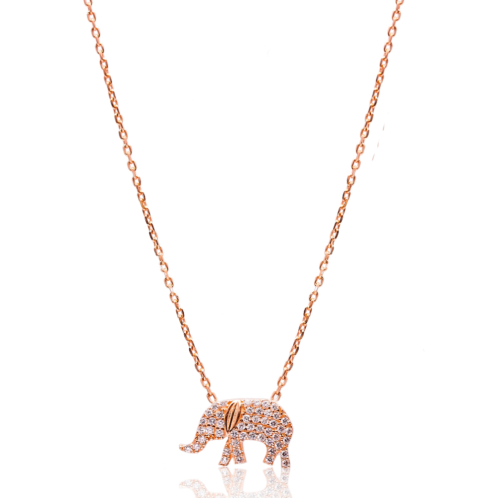 Elephant Design Clear Zircon Stone Charm Necklace Pendant Wholesale Turkish 925 Silver Jewelry