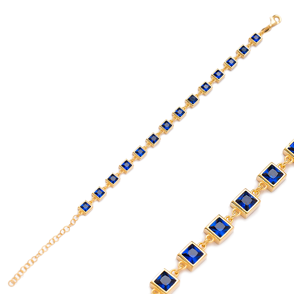 Square Design Charm Sapphire Tennis Bracelet Wholesale Turkish 925 Sterling Silver Jewelry