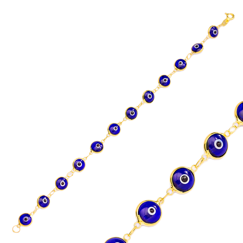 Ø8 mm Sized Navy Blue Evil Eye Design Charm Thin Bracelet Turkish Wholesale Handmade 925 Sterling Silver Jewelry