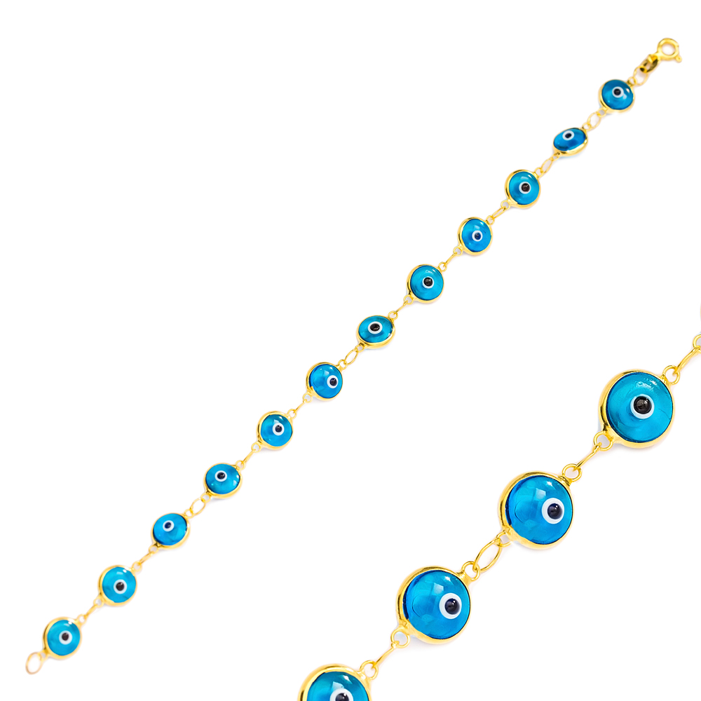 Ø8 mm Sized Turquoise Evil Eye Design Charm Thin Bracelet Turkish Wholesale Handmade 925 Sterling Silver Jewelry