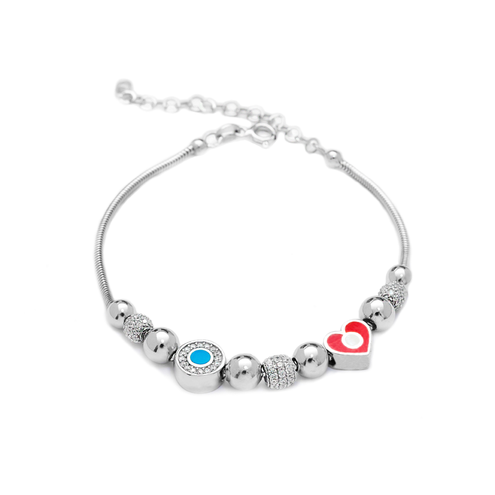 Enamel Heart Charm Bracelet Wholesale 925 Sterling Silver Jewelry