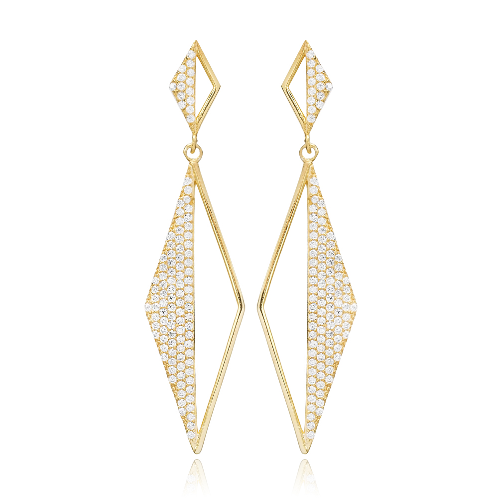 Rhomb Shaped Zircon Stone Design Long Earrings Turkish Wholesale Sterling Silver Jewelry