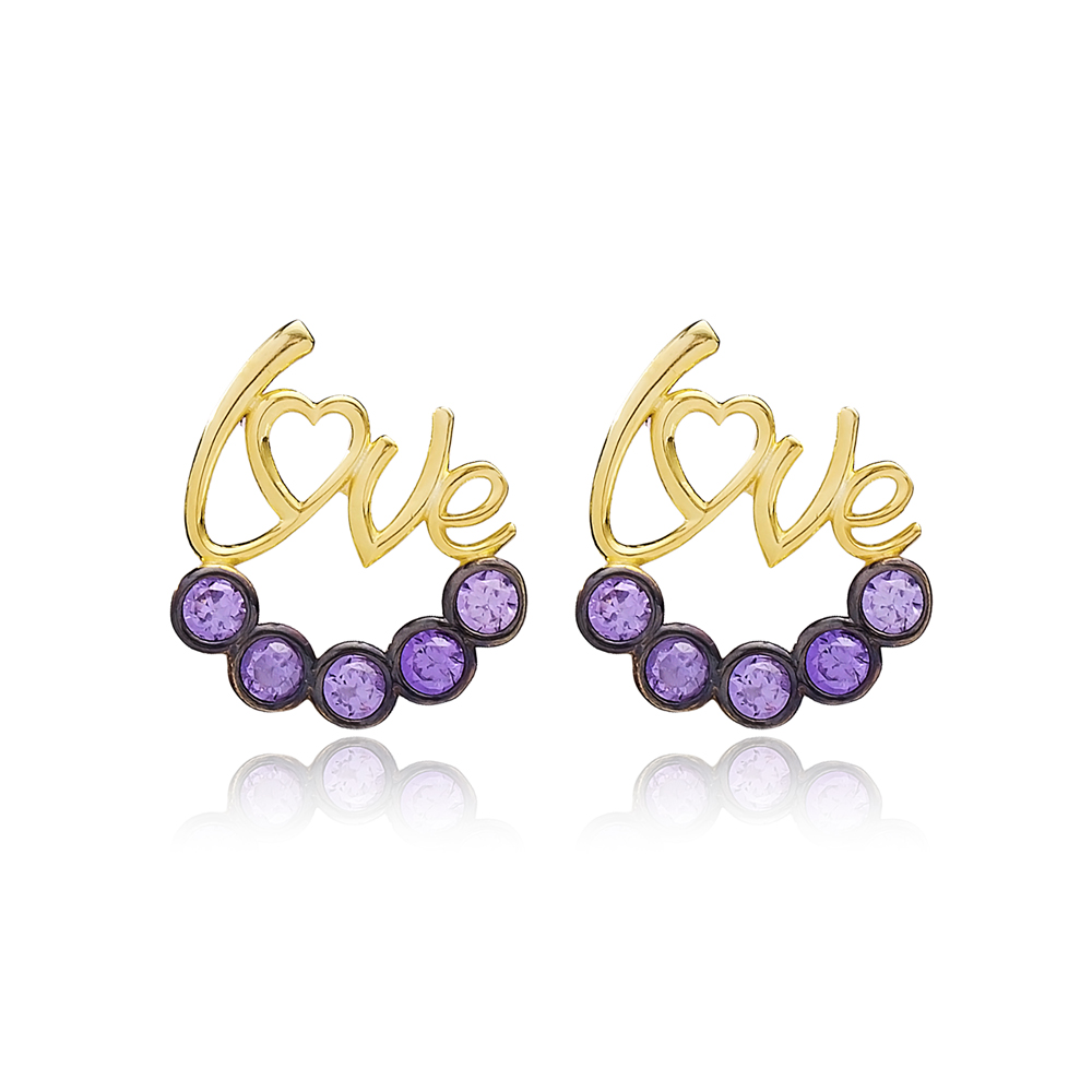 Amethyst Stone Love Letter Design Earring Handmade Turkish Wholesale 925 Sterling Silver Jewelry