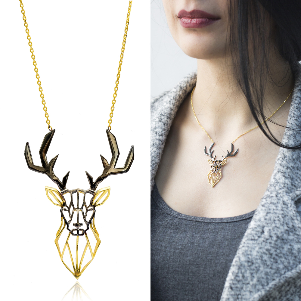 Minimalist Hollow Origami Elk Deer Antler Horn Pendant Necklace Women Jewelry 