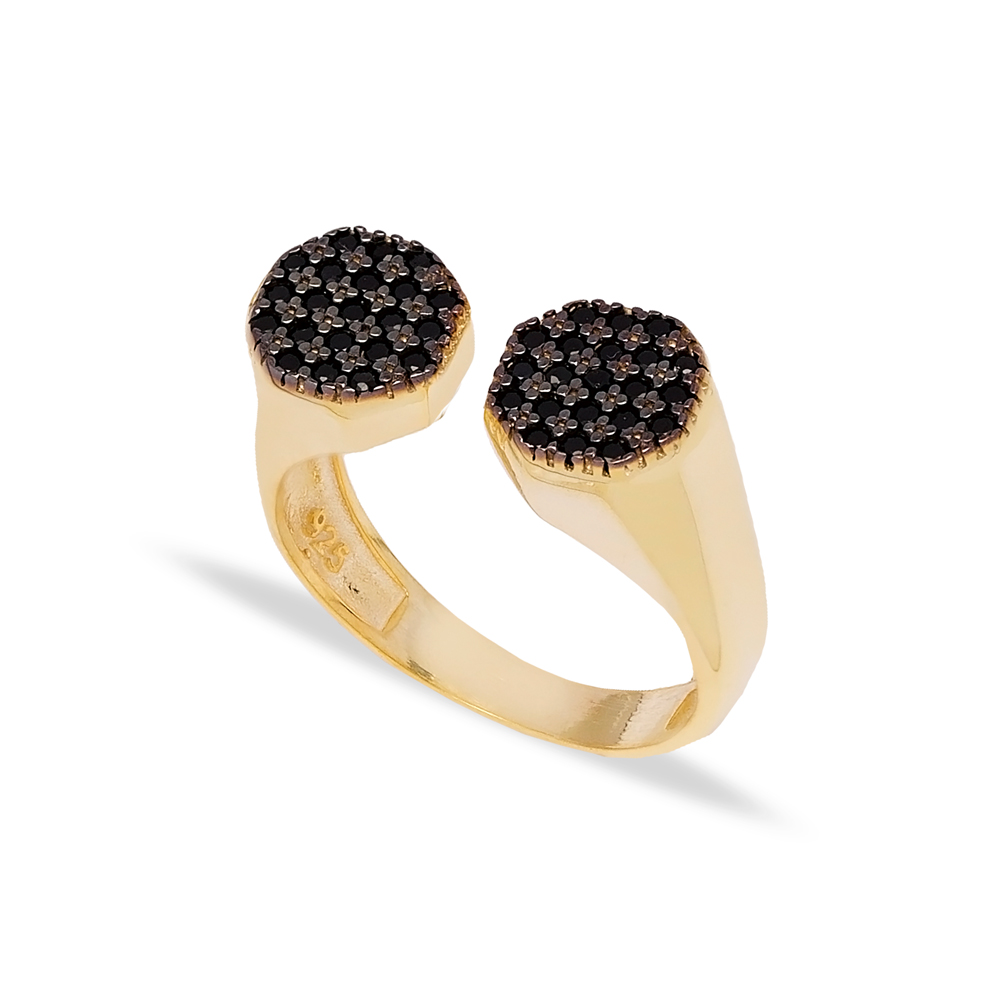 Little Finger Two Round Shape Black Zircon Stone Adjustable Ring Wholesale 925 Silver Sterling Jewelry