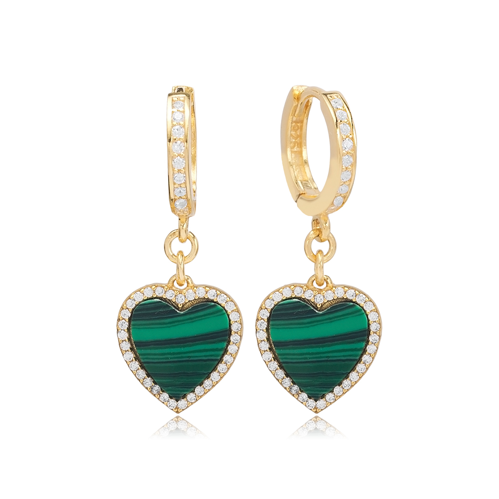 Malachite Heart Design Zircon Stone Dangle Earrings Turkish Wholesale Sterling Silver Jewelry