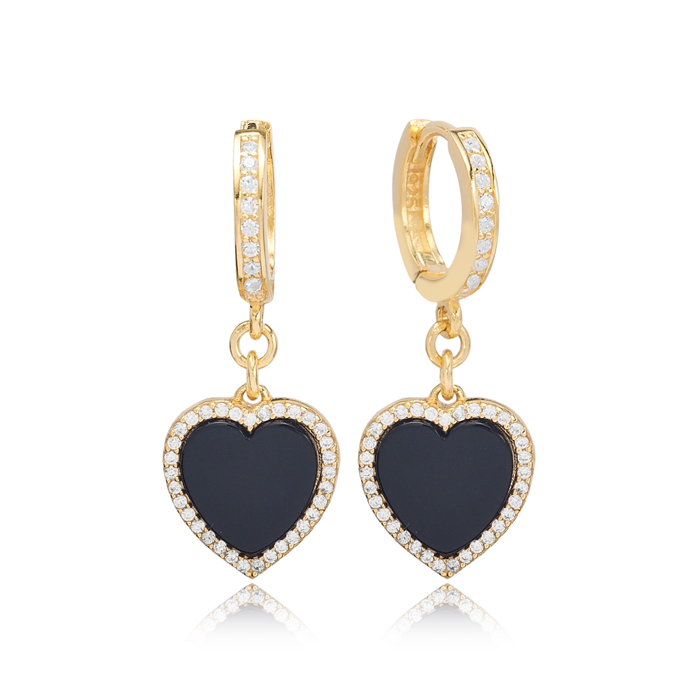 Black Onyx Heart Design Zircon Stone Dangle Earrings Turkish Wholesale Sterling Silver Jewelry