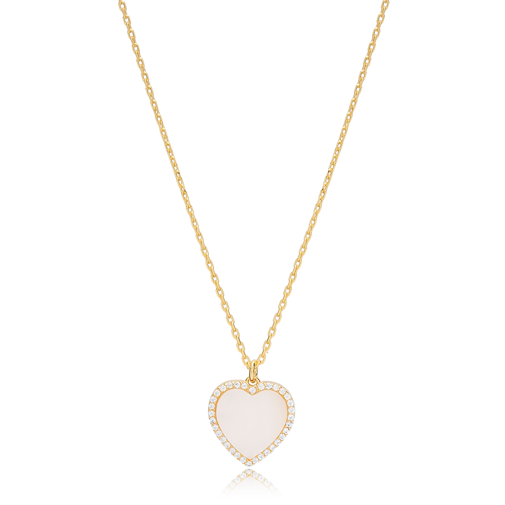 Mother Of Pearl Heart Zircon Stone Charm Necklace Wholesale Turkish 925 Sterling Silver Jewelry