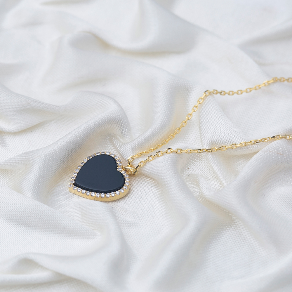 Black Onyx Heart Zircon Stone Charm Necklace Wholesale Turkish 925 Sterling Silver Jewelry