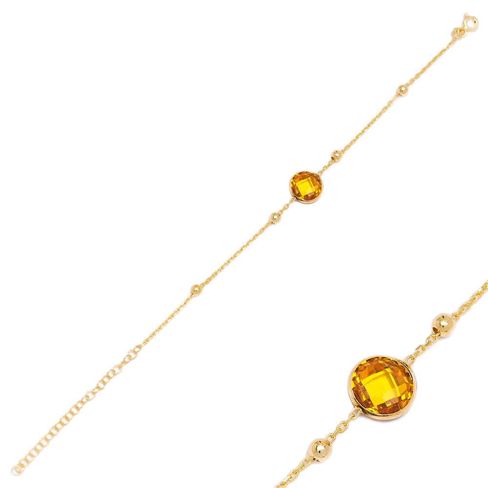 Citrine Stone Design Charm Thin Bracelet Turkish Wholesale Handmade 925 Sterling Silver Jewelry