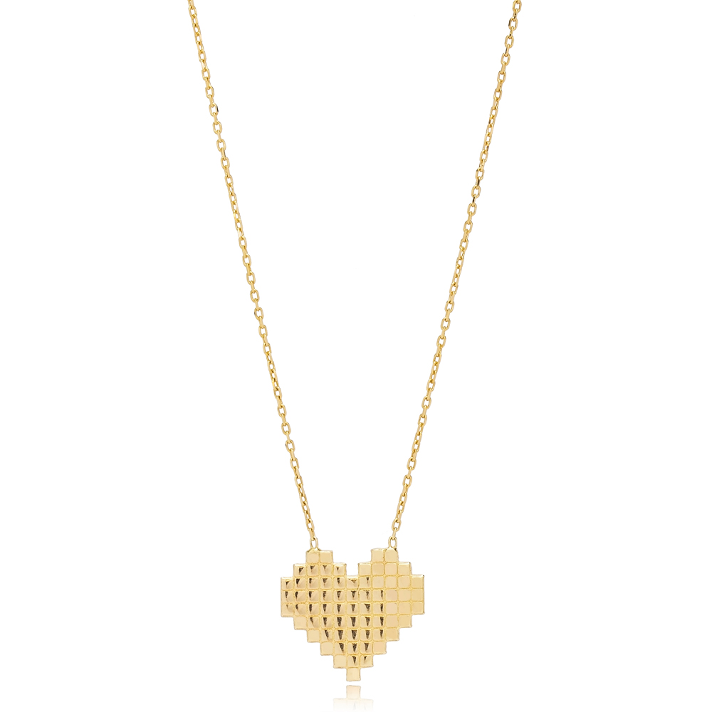 Pixel Heart Shape Charm Design Pendant Turkish Handmade 925 Sterling Silver Jewelry