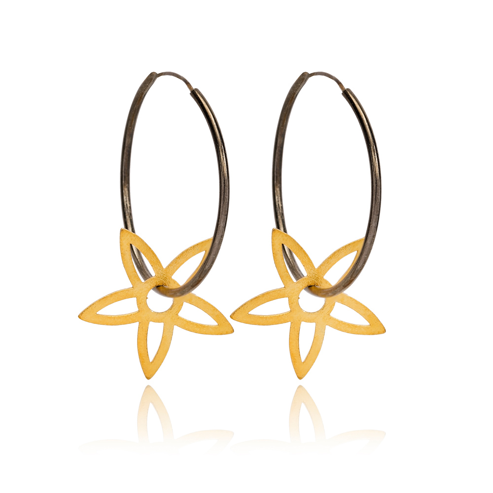 22k Gold Plated Silver Star Charm Design Ø30mm Hoop Earrings Handcrafted Wholesale 925 Sterling Silver Jewelry