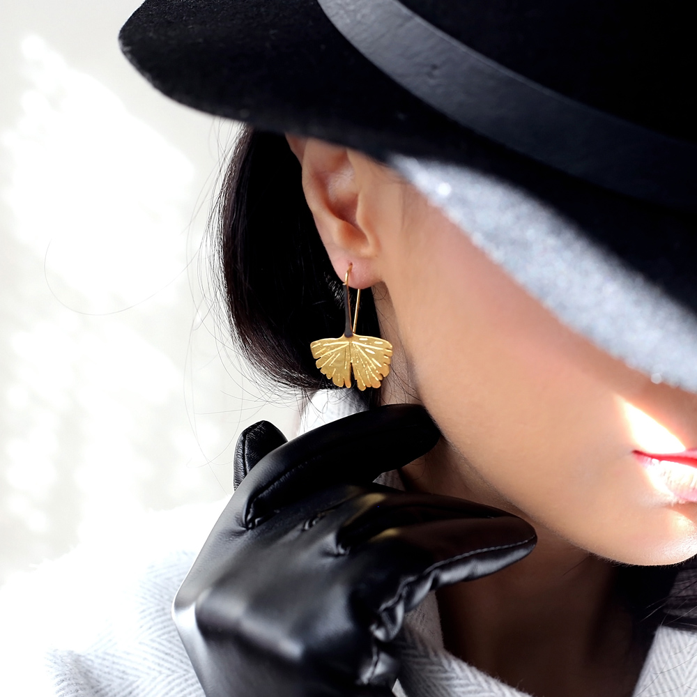 22K Gold Plated Ginko Leaf Vintage Hook Earrings Handcrafted Wholesale 925 Sterling Silver Jewelry