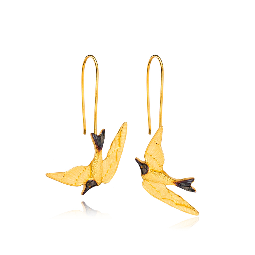 22K Gold Plated Silver Swallow Bird Hook Earrings Handcrafted 925 Sterling Silver Jewelry