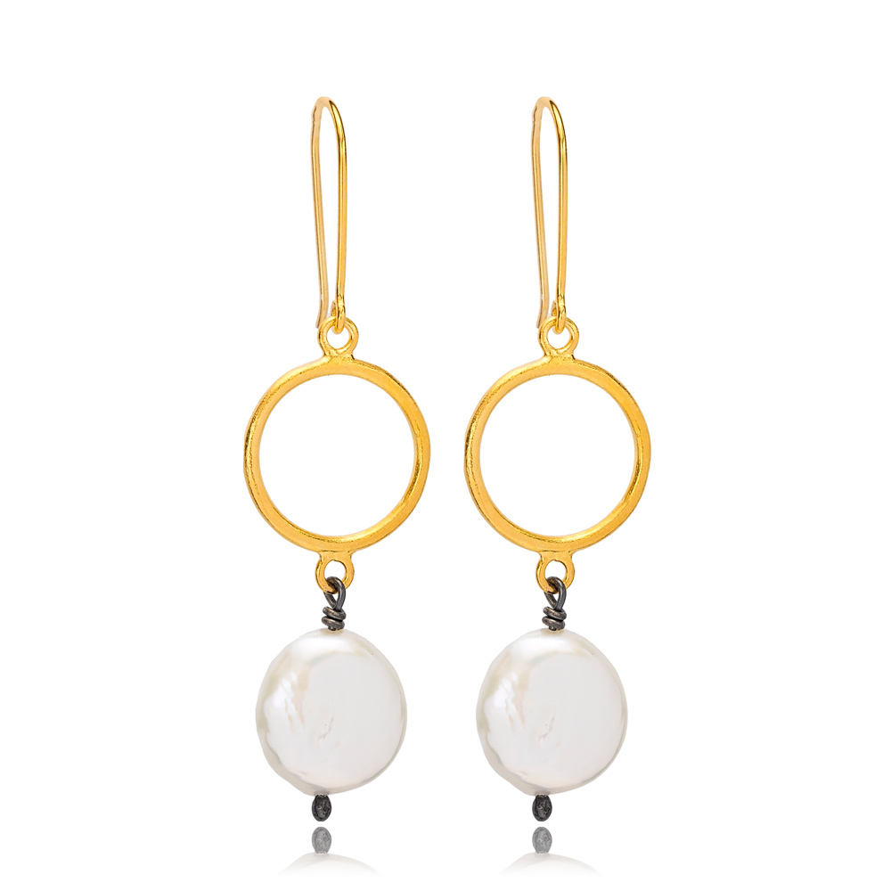 22K Gold Plated Silver Trendy Cultured Pearl Hook Earrings Handcrafted Wholesale Jewelry