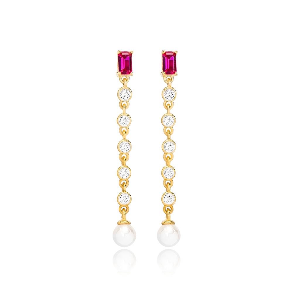 Ruby Stone Elegant Pearl  Earring Turkish Wholesale Handmade 925 Sterling Silver Jewelry