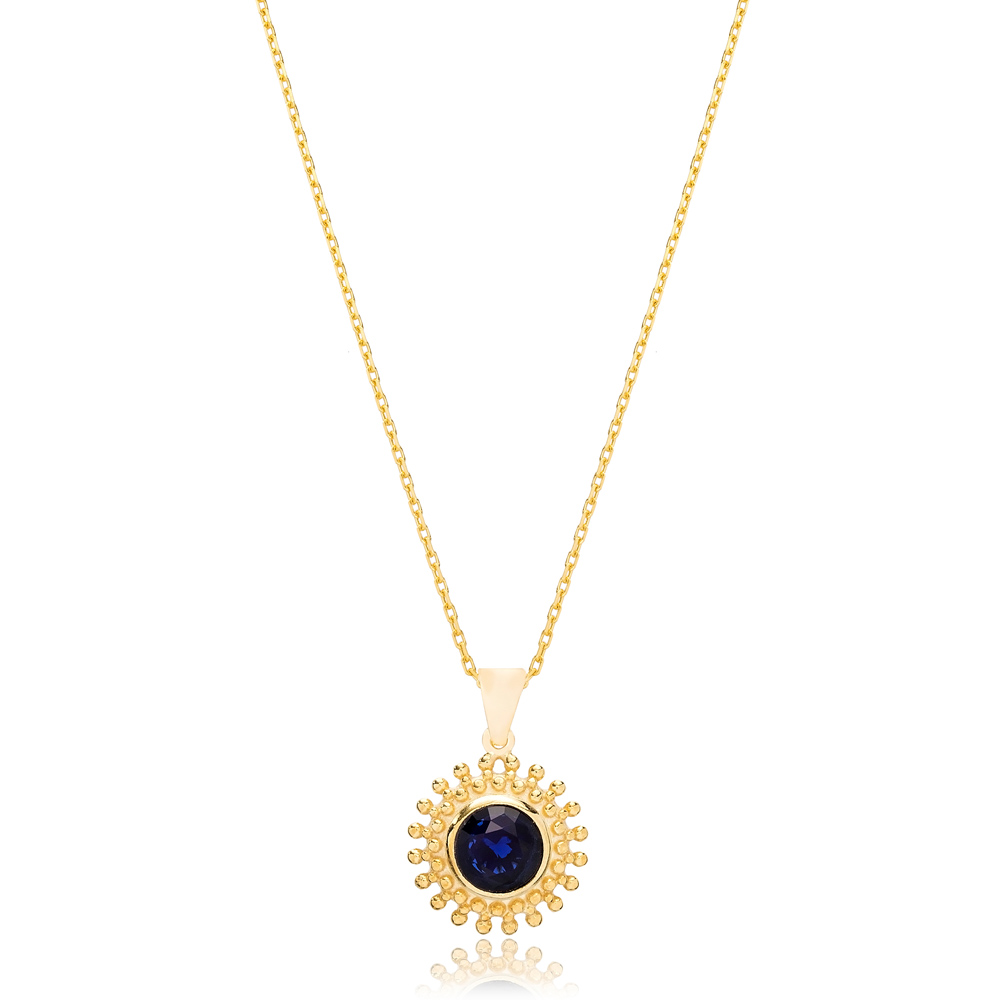 Round Charm Deep Blue Sapphire Pendant Turkish Wholesale 925 Sterling Silver Jewelry