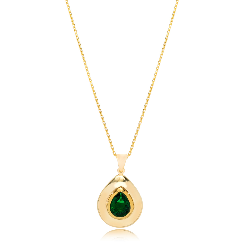 Drop Shape Design Emerald Stone Pendant Turkish Wholesale 925 Sterling Silver Jewelry