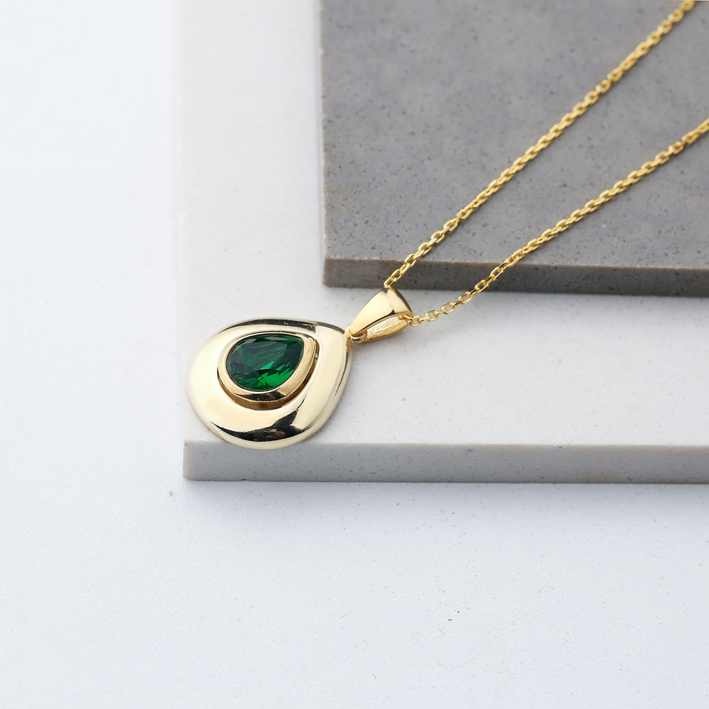 Drop Shape Design Emerald Stone Pendant Turkish Wholesale 925 Sterling Silver Jewelry