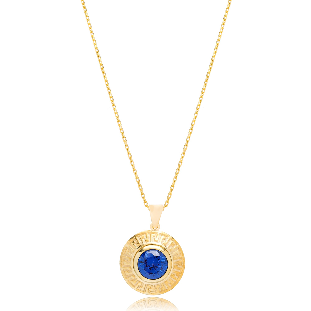 Geometric Ornament Blue Sapphire Pendant Turkish Wholesale 925 Sterling Silver Jewelry
