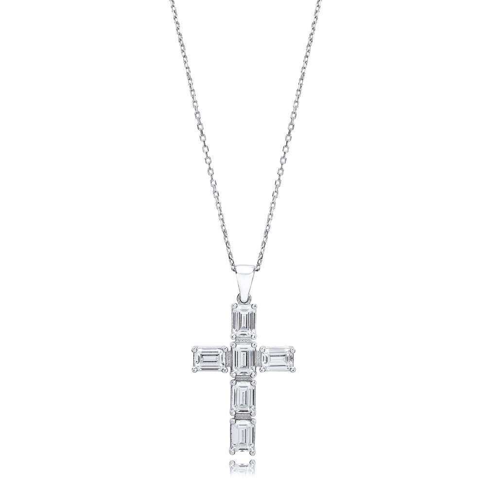 Cross Baguette Design Pendant Turkish Wholesale Handmade 925 Sterling Silver Jewelry