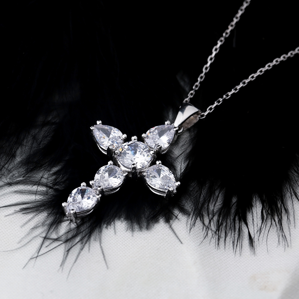 Cross Pear Cut Design Pendant Turkish Wholesale Handmade 925 Sterling Silver Jewelry