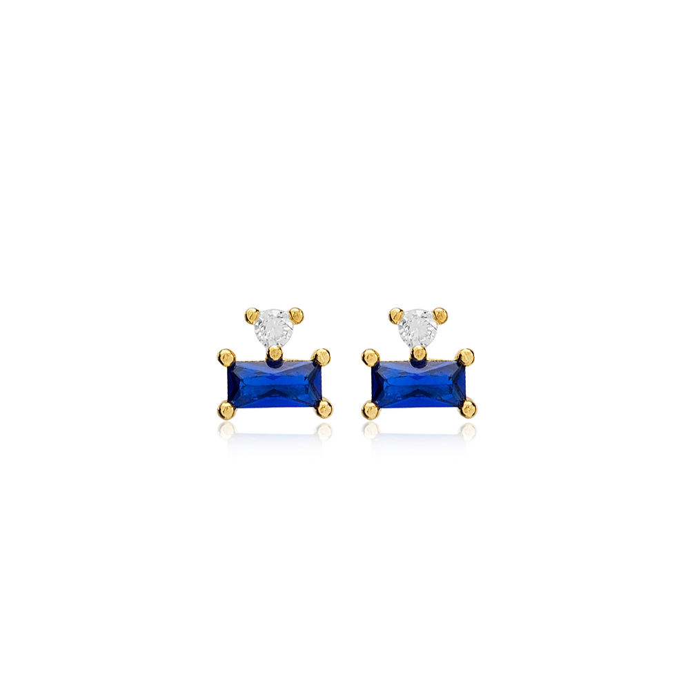 Trendy Design Baguette Sapphire with Zircon Stone Stud Earrings Turkish Handmade Wholesale 925 Sterling Silver Jewelry