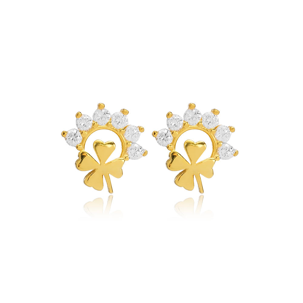 Four Leaf Clover Design Zircon Stone Stud Earring Turkish Handcrafted Wholesale 925 Sterling Silver Jewelry