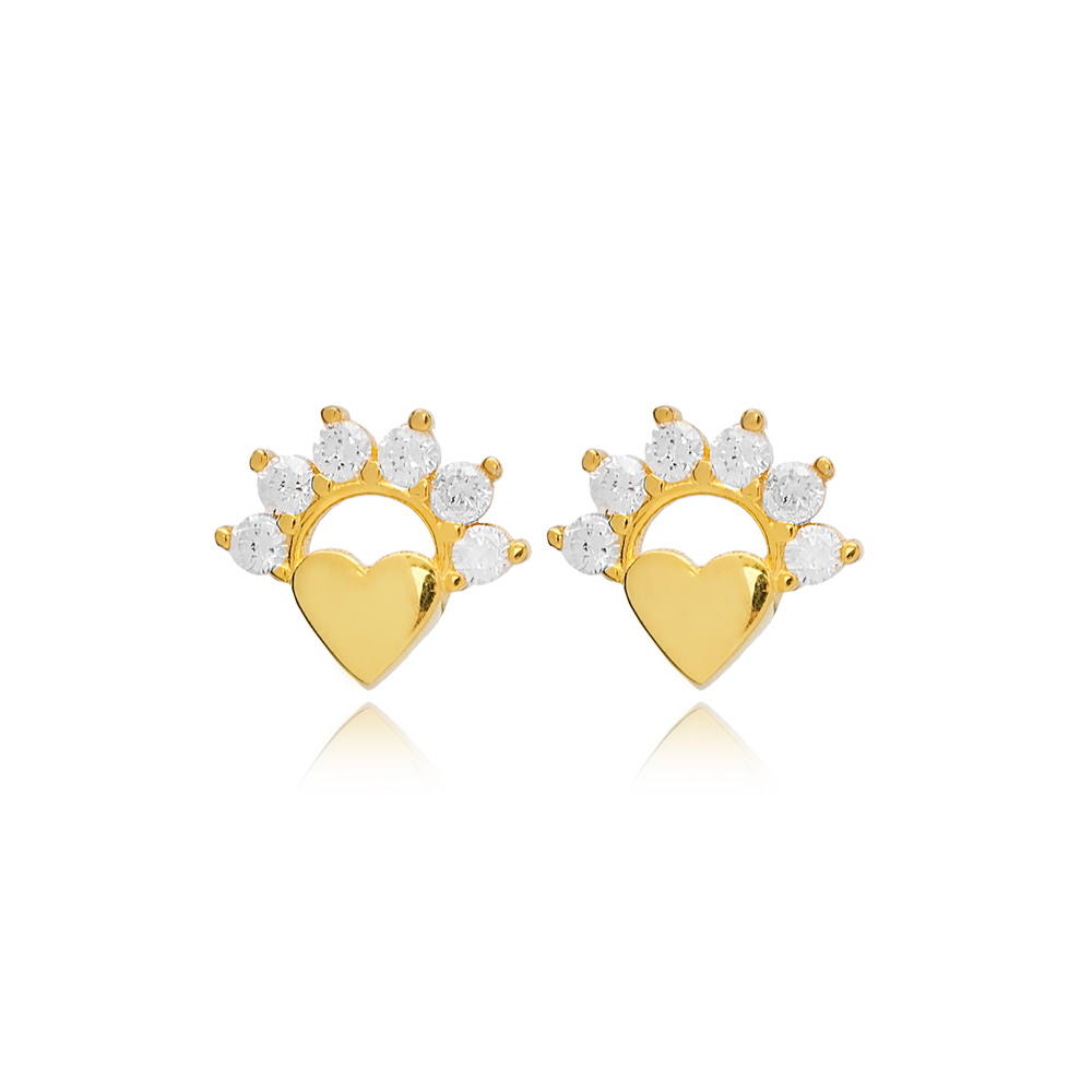 Divine Heart Design Clear Zircon Stone Stud Earrings Turkish Handmade Wholesale 925 Sterling Silver Jewelry