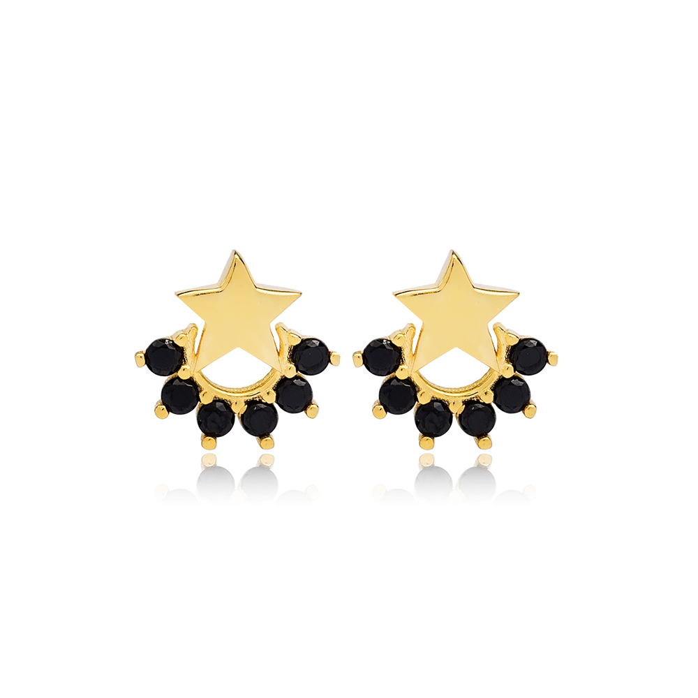 Minimalist Star Design Black Zircon Stone Stud Earrings Turkish Handmade Wholesale 925 Sterling Silver Jewelry