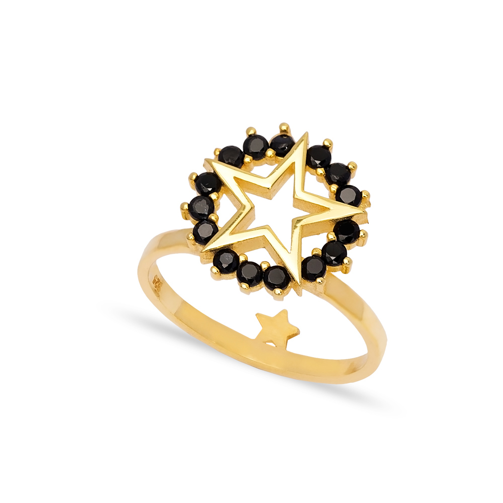 Star Design Black Zircon Stone Cluster Ring Wholesale 925 Sterling Silver Jewelry