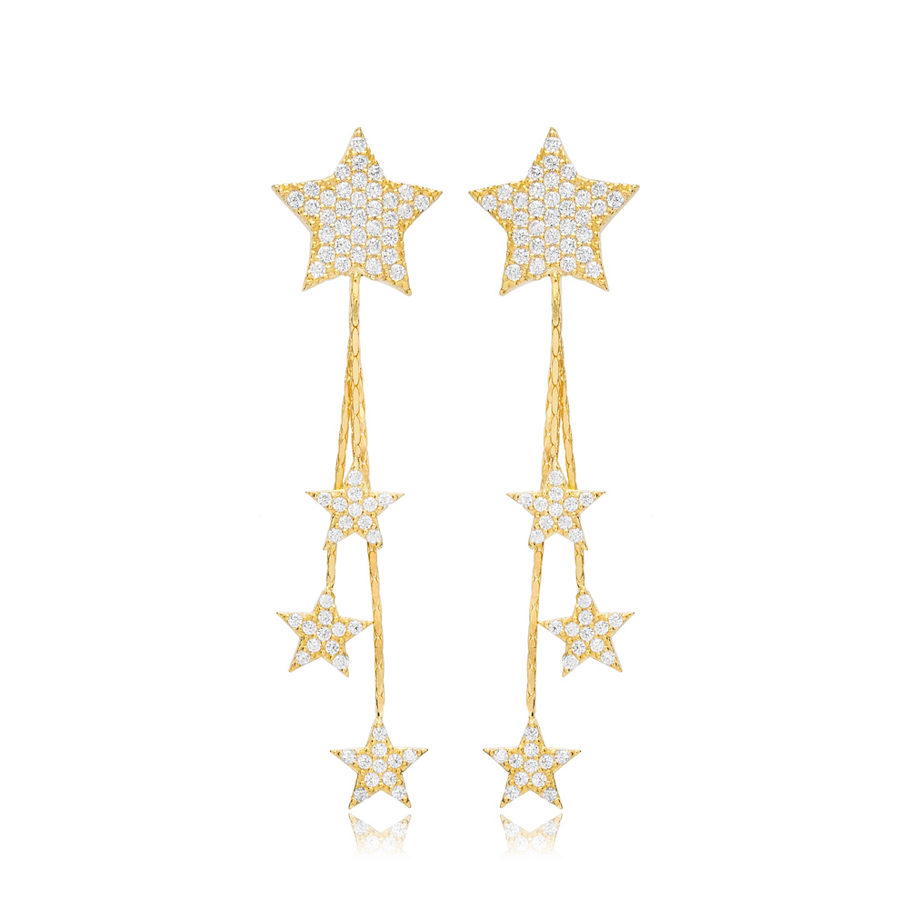 Star Charms Long Earrings Wholesale Turkish Handmade 925 Sterling Silver Jewelry