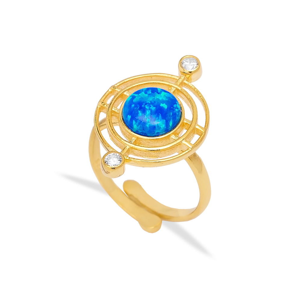 Blue Opal Gemstone Round Design Ring Turkish Handmade 925 Sterling Silver Jewelry