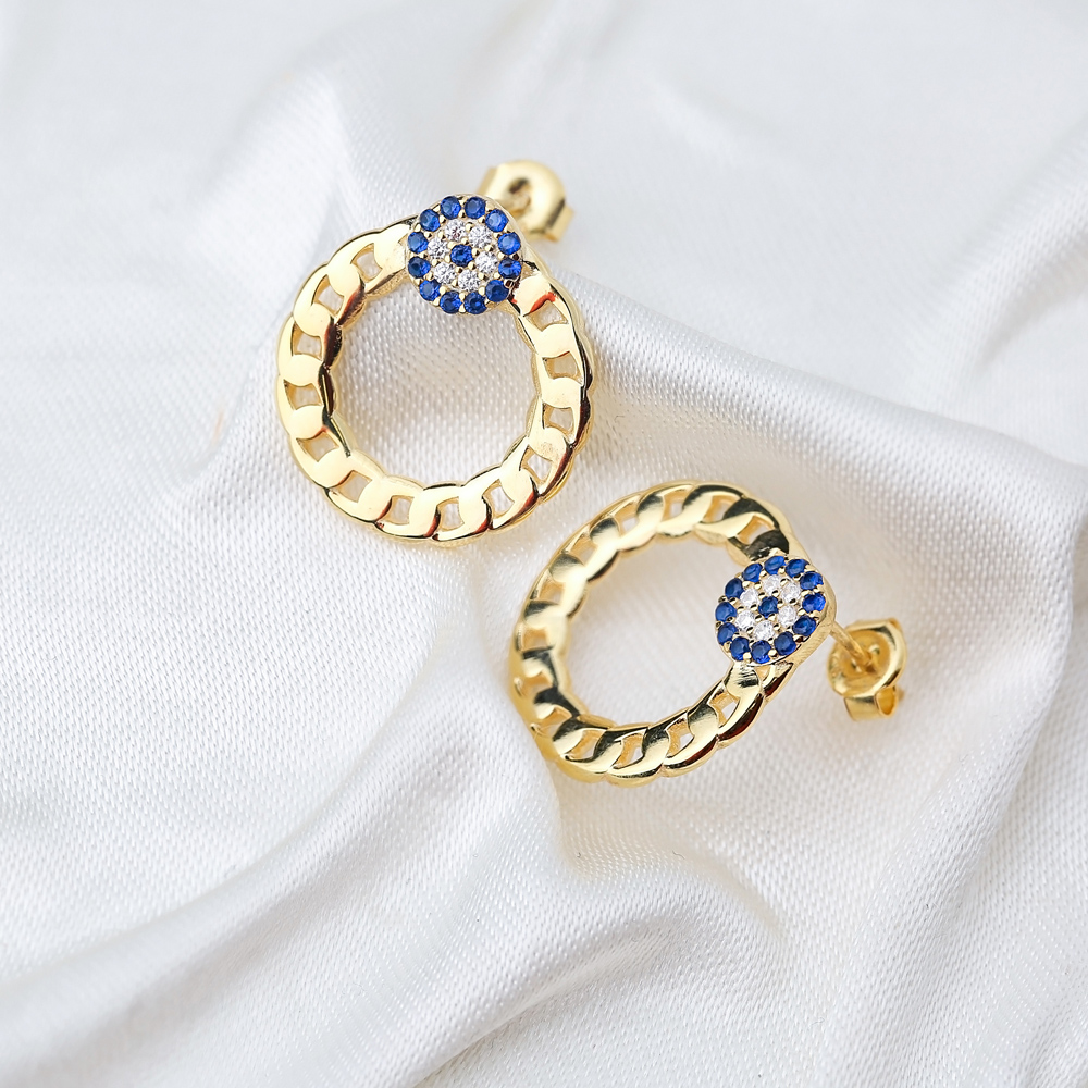 Sapphire Evil Eye Hollow Design Stud Earrings 925 Sterling Silver Jewelry