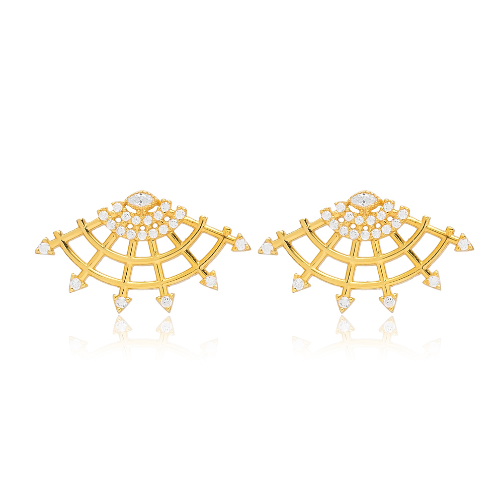 Fancy Fan Zircon Stone Stud Earrings Turkish Wholesale Silver Jewelry