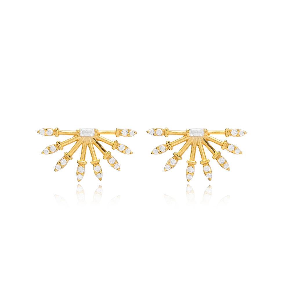 Trendy Fan Zircon Stone Stud Earrings Turkish Wholesale Silver Jewelry