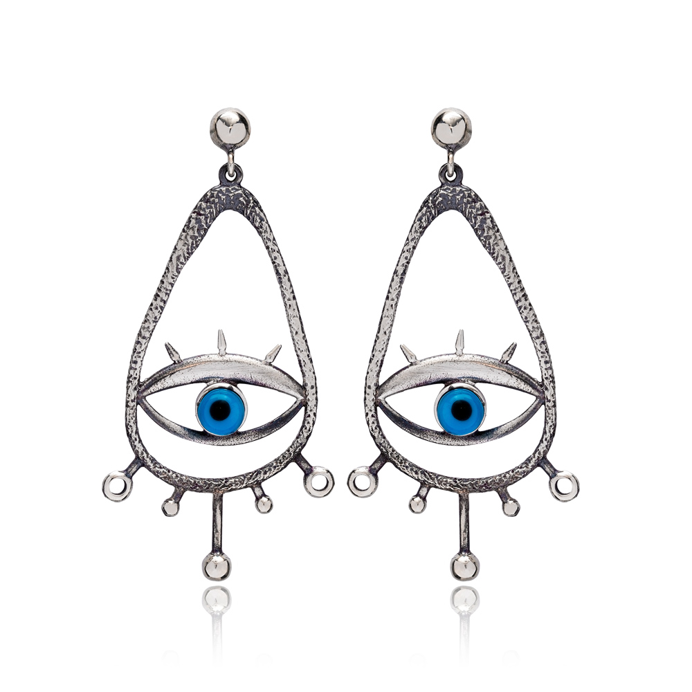 Drop Hollow Shape Evil Eye Stud Earrings Wholesale 925 Silver Jewelry