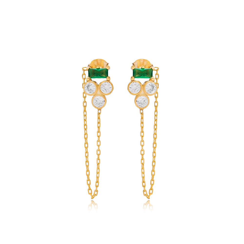 Three Zircon and Green Stone Threader Earring