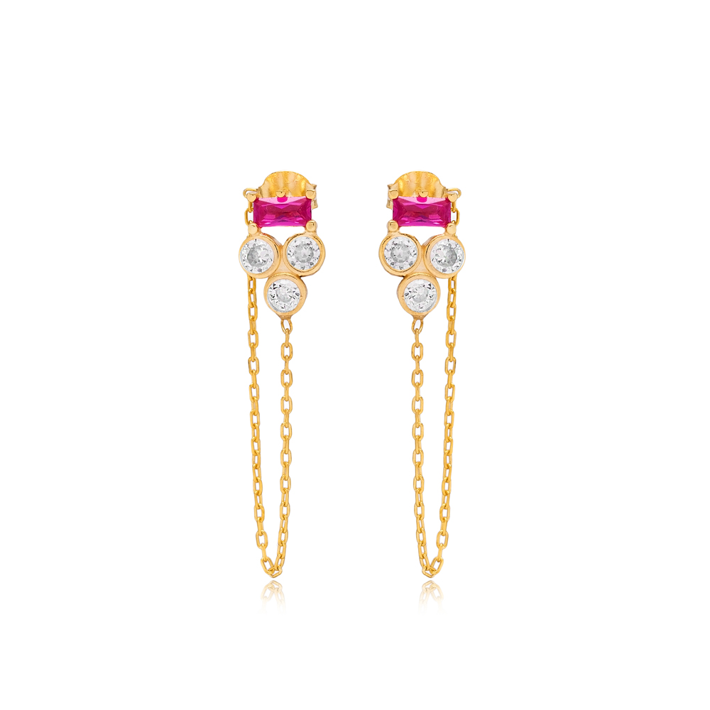 Three Zircon and Pink Stone Threader Earring